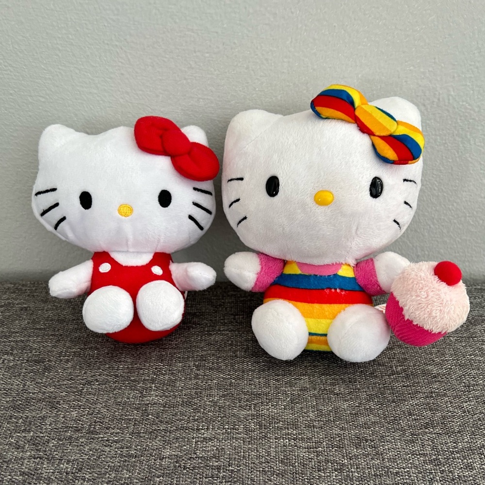 2 Hello Kitty Small Plush Toys Sanrio Ty Beanie Baby Rainbow Cupcake 2014 2019